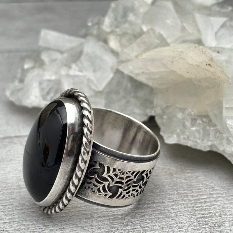 Black Onyx Sterling Silver Spiderweb Ring. Halloween Gothic Jewelry. Size 9 US/Canada