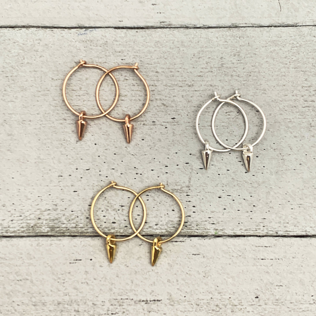 Spike Charm Hoop Earrings Available in Solid 925 Sterling Silver, 14k Yellow or Rose Gold Fill