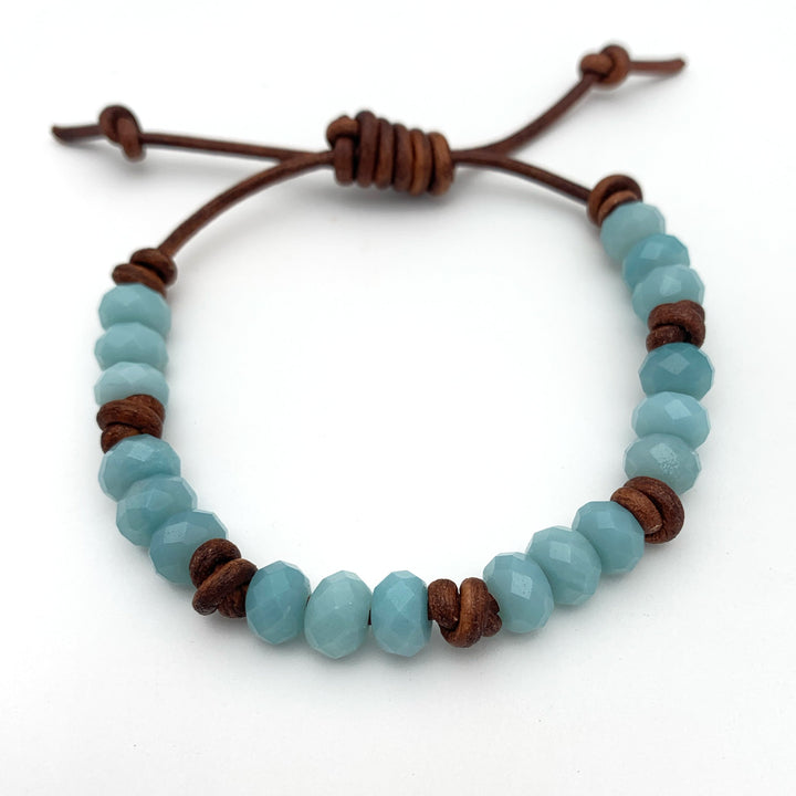 Amazonite and Rustic Brown Leather Bracelet. Faceted Blue Gemstones