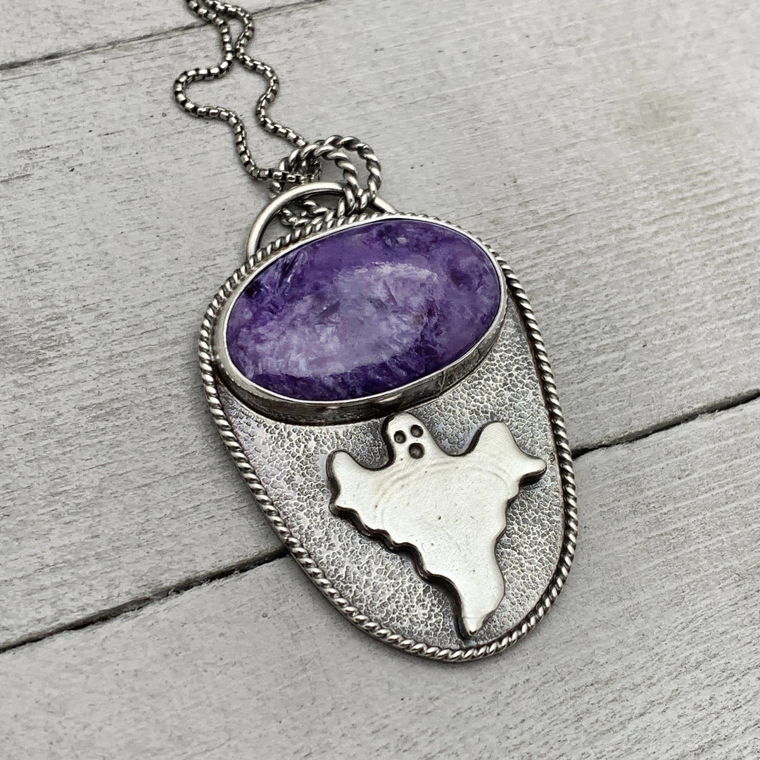 Purple Charoite Ghost Pendant. Solid 925 Sterling Silver Halloween Jewelry