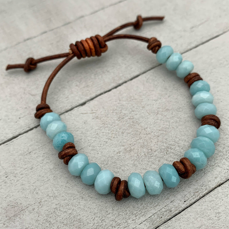 Amazonite and Rustic Brown Leather Bracelet. Faceted Blue Gemstones