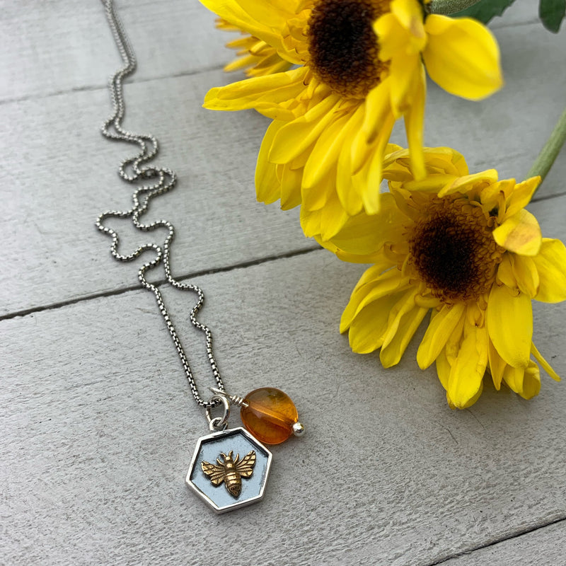Amber and Bee Charm Necklace. Honeycomb Hexagon Bee Charm with Genuine Amber