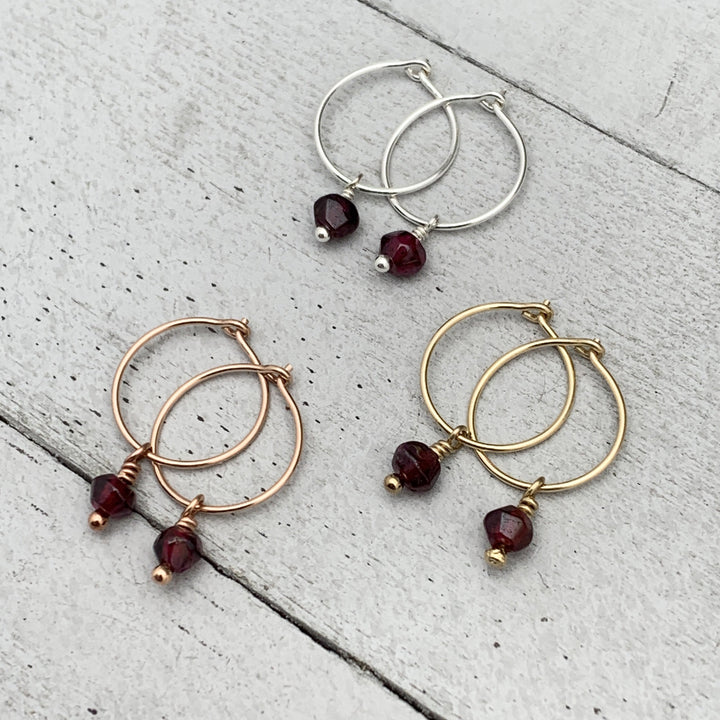 Garnet Charm Hoop Earrings. Available in Solid 925 Sterling Silver, 14k Yellow or Rose Gold Fill