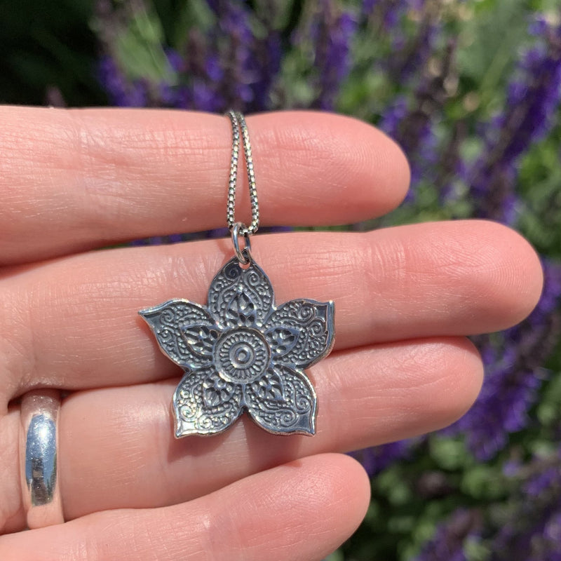 Large Sterling Silver Flower Necklace. Solid 925 Sterling Silver Paisley Flower Pendant. Big Bohemian Mandala Flower Necklace.