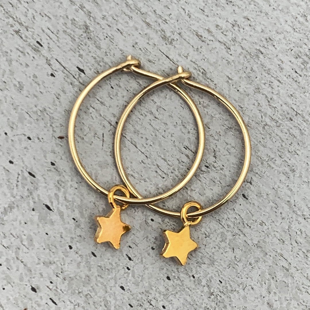 Star Charm Hoop Earrings Available in Solid 925 Sterling Silver, 14k Yellow or Rose Gold Fill