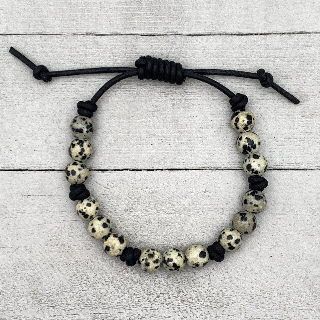 Dalmatian Jasper and Leather Gemstone Bracelet