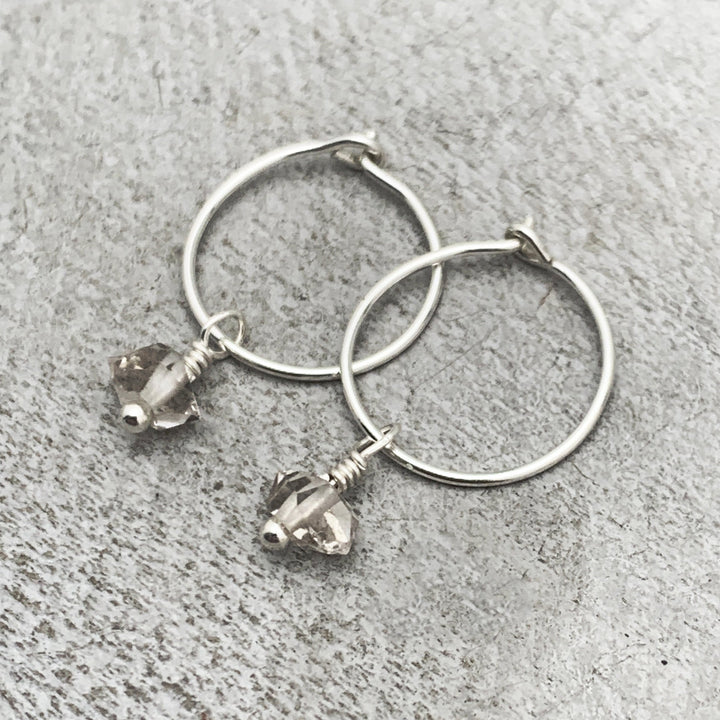 Herkimer Diamond Charm Hoop Earrings Available in Solid 925 Sterling Silver, 14k Yellow or Rose Gold Fill