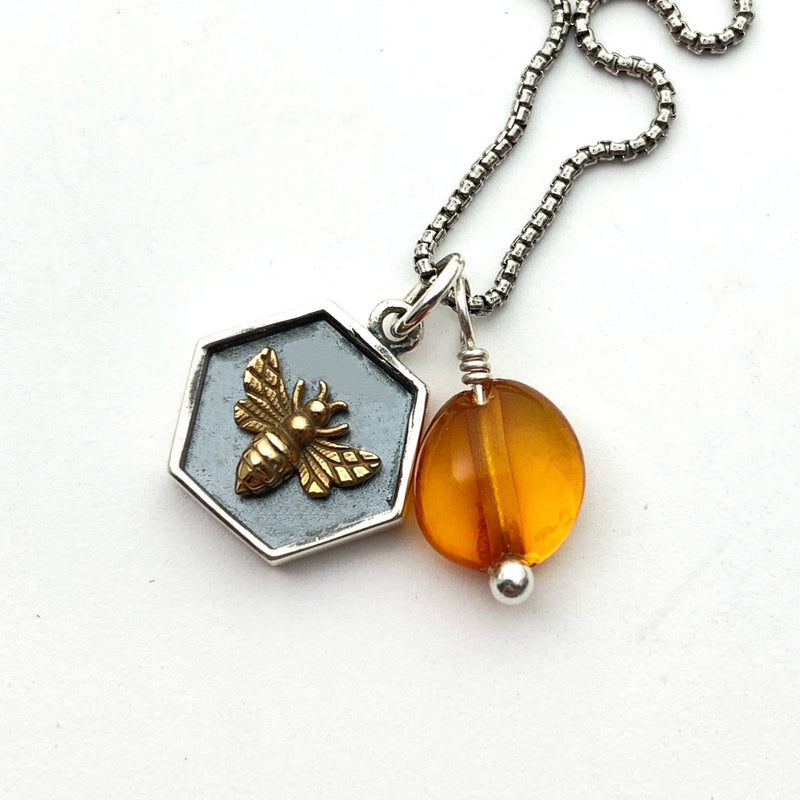 Amber and Bee Charm Necklace. Honeycomb Hexagon Bee Charm with Genuine Amber
