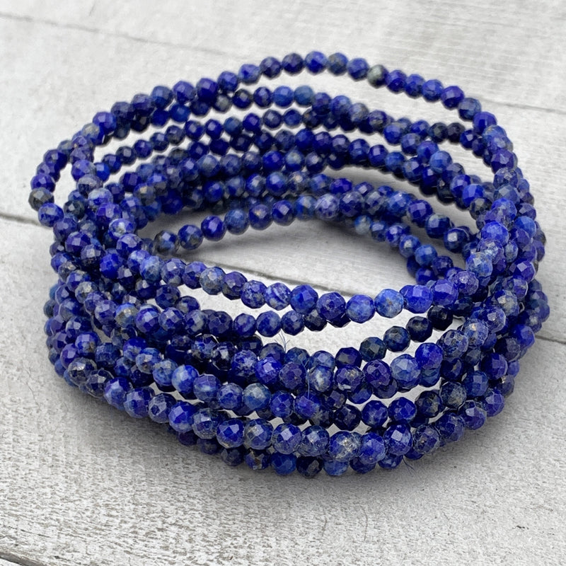 Faceted Lapis Lazuli Crystal Stretch Bracelet. Dainty, 3.5mm Beads. Small/Medium Size