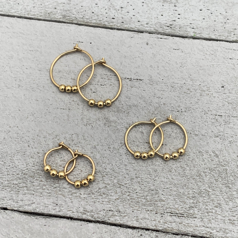 14k Yellow Gold Fill Hoop Earrings with 3 Beads