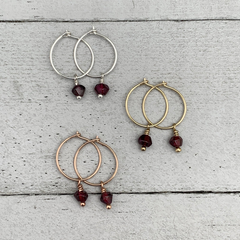 Garnet Charm Hoop Earrings. Available in Solid 925 Sterling Silver, 14k Yellow or Rose Gold Fill