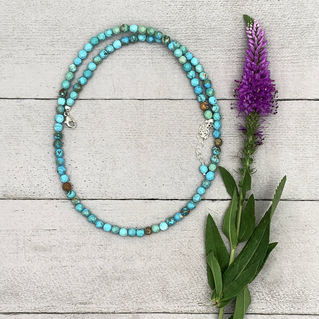 Faceted Turquoise and Sterling Silver Beaded Necklace. Small 4mm beads