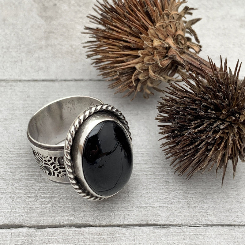 Black Onyx Sterling Silver Spiderweb Ring. Halloween Gothic Jewelry. Size 9 US/Canada