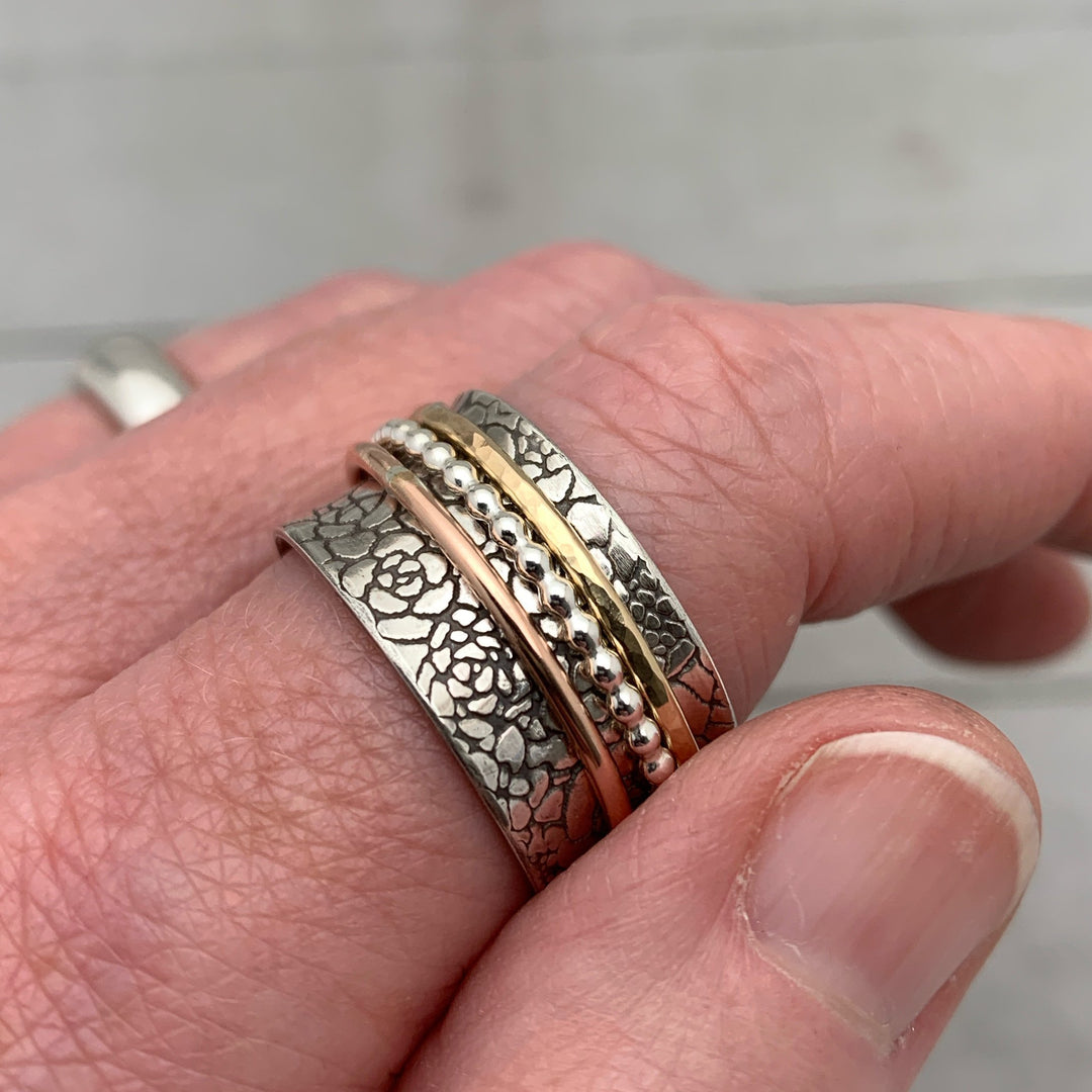 Sterling Silver Roses Spinner Ring with Yellow and Rose Gold Fill. Size 9.5 US