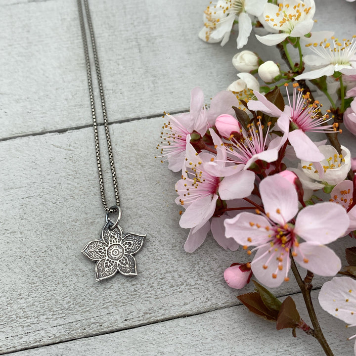 Small Sterling Silver Flower Charm Necklace. Solid 925 Sterling Silver