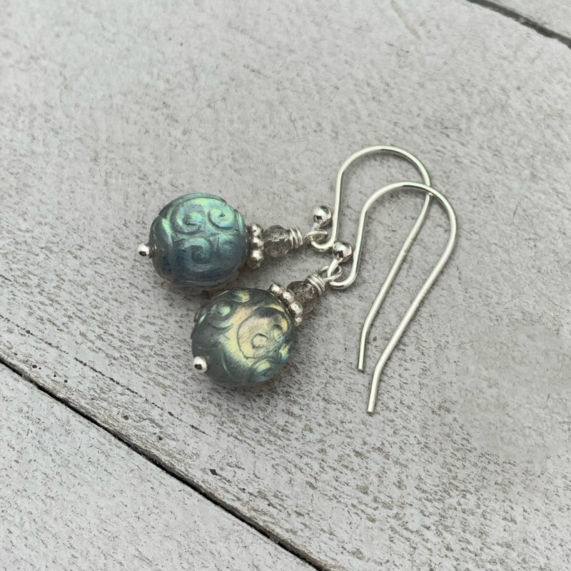 Carved Labradorite and Sterling Silver Earrings. Flashy Glowing Stones