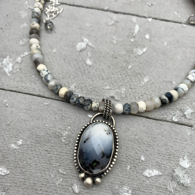 Dendritic Opal Chalcedony Snow Sterling Silver Necklace
