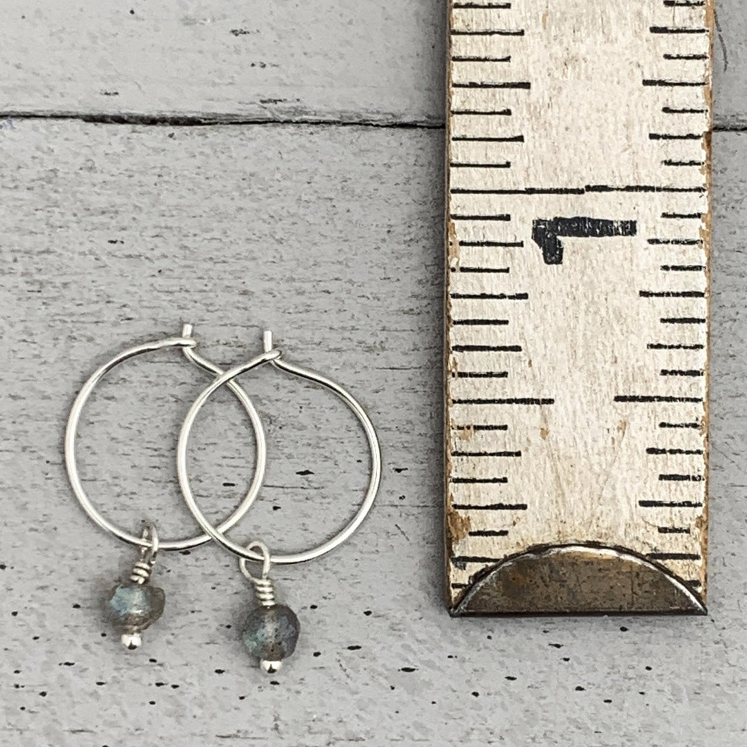 Labradorite Charm Hoop Earrings Available in Solid 925 Sterling Silver, 14k Yellow or Rose Gold Fill