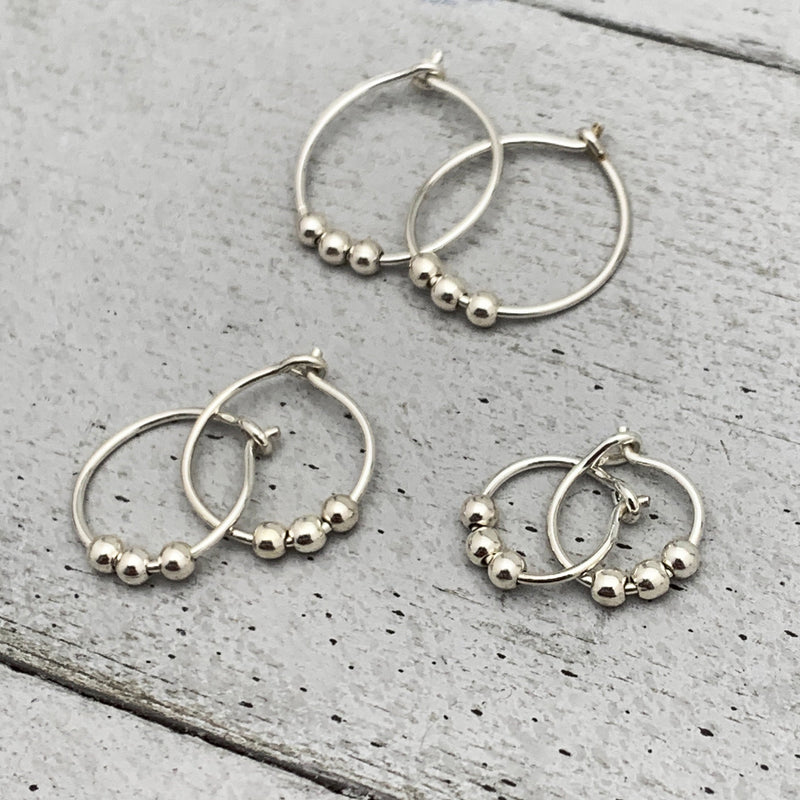 Sterling Silver Small Hoop Earrings with 3 Silver Ball Beads