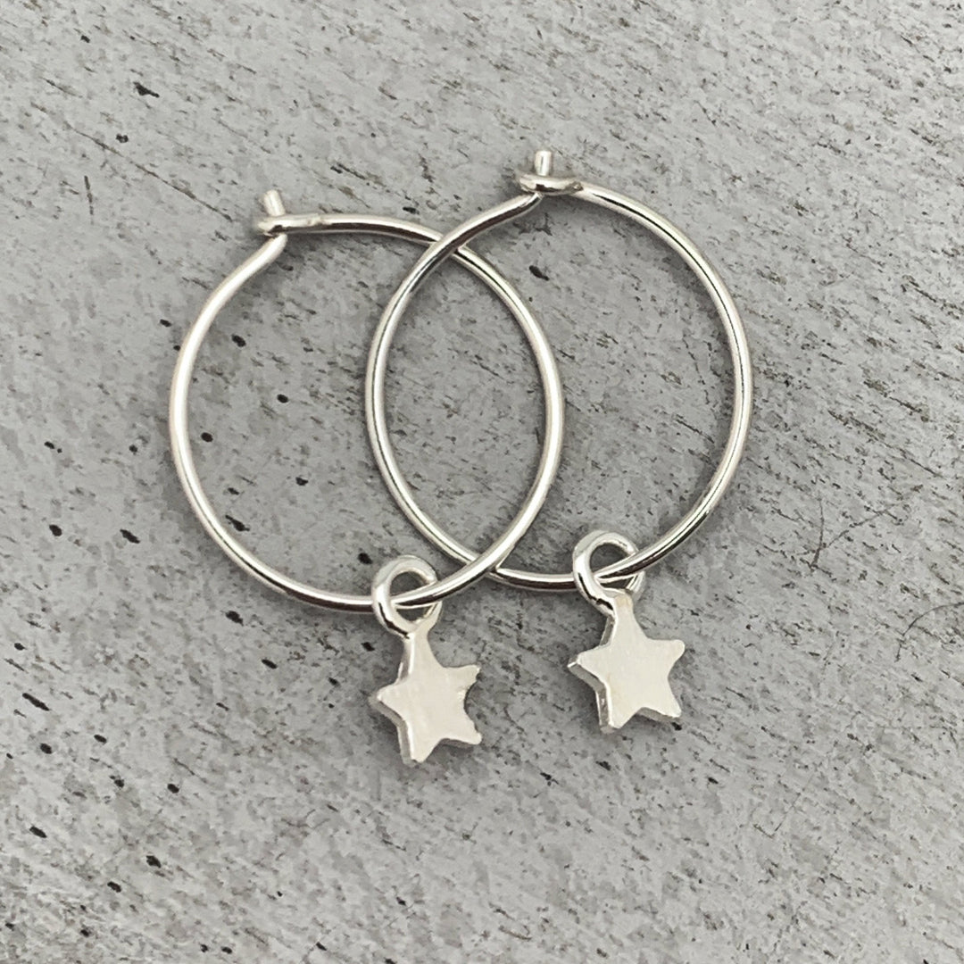 Star Charm Hoop Earrings Available in Solid 925 Sterling Silver, 14k Yellow or Rose Gold Fill