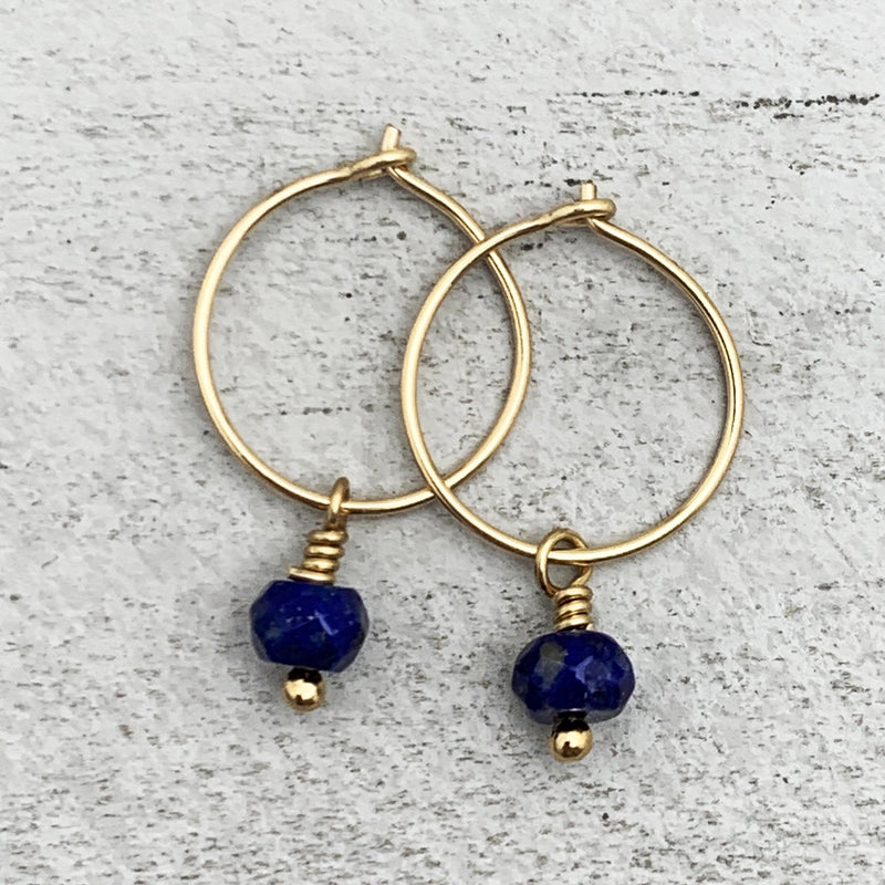 Lapis Charm Hoop Earrings Available in Solid 925 Sterling Silver, 14k Yellow or Rose Gold Fill