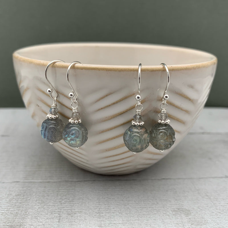 Carved Labradorite and Sterling Silver Earrings. Flashy Glowing Stones