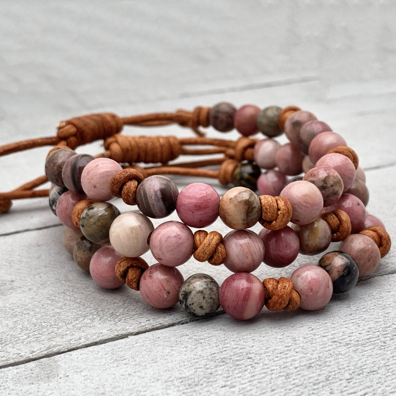 Rhodonite and Leather Gemstone Stacking Bracelet