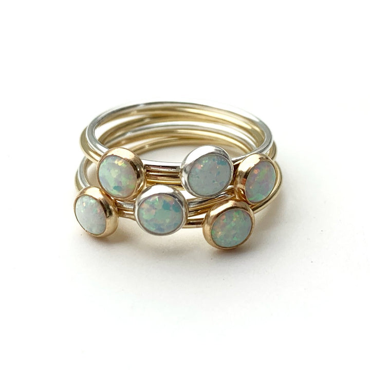 Opal 14k Yellow Gold Fill Stacking Ring. Simulated Lab White Opal Size 5 - 8 US.