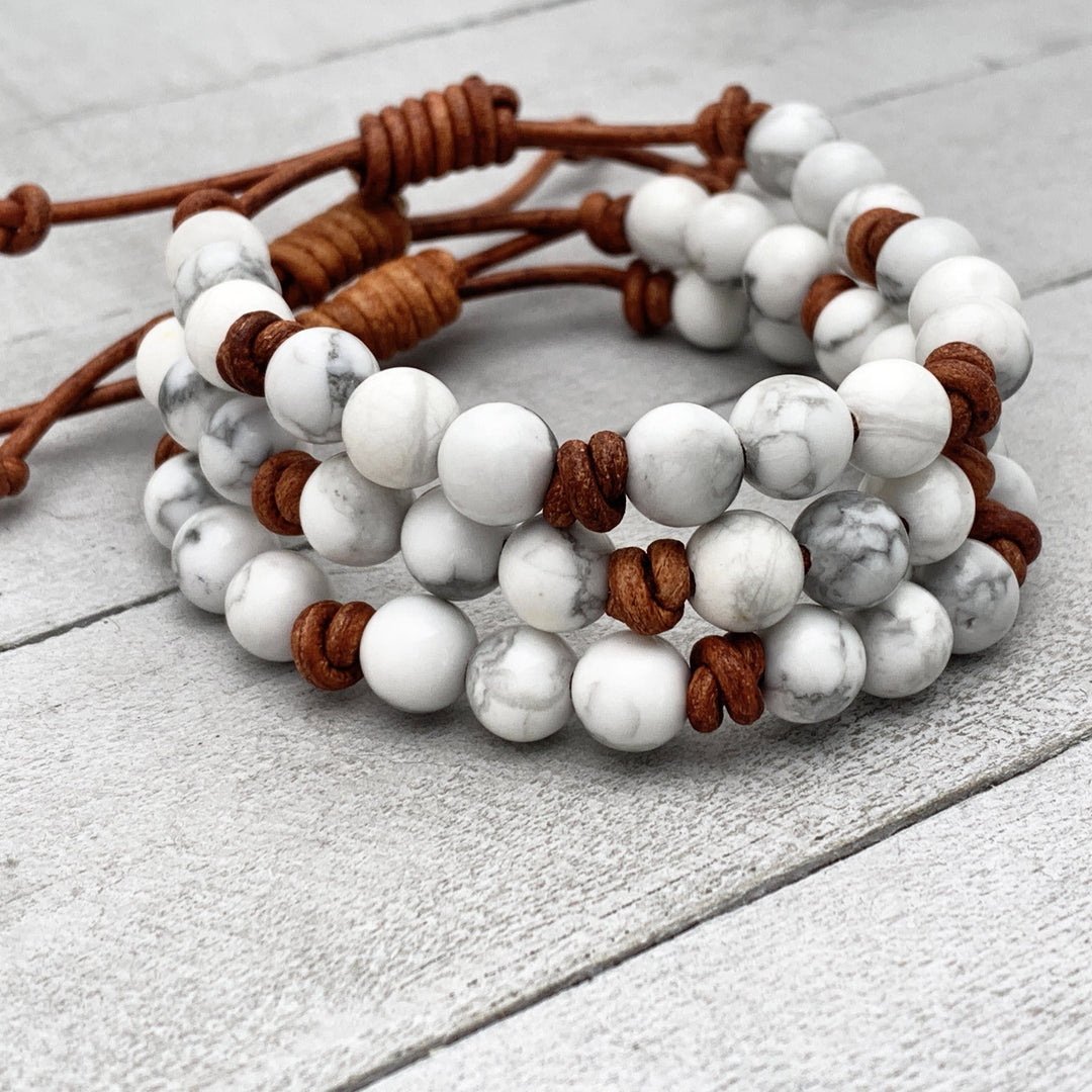 Howlite Gemstone and Rustic Brown Leather Stacking Crystal Bracelet