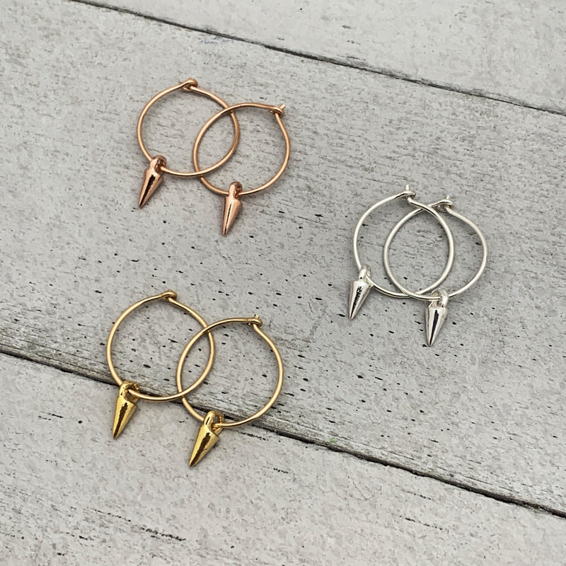 Spike Charm Hoop Earrings Available in Solid 925 Sterling Silver, 14k Yellow or Rose Gold Fill