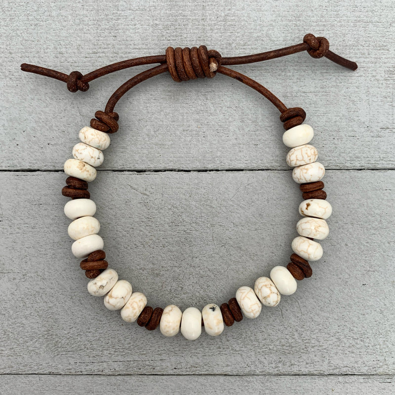 White Magnesite Gemstone and Rustic Brown Leather Stacking Crystal Bracelet