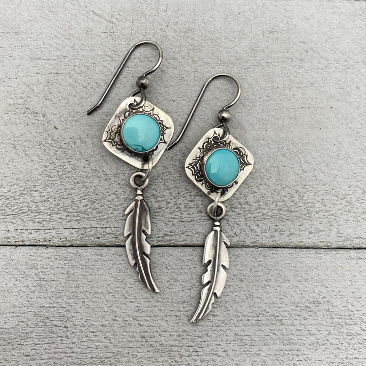 Turquoise and Silver Feather Earrings. Solid 925 Sterling Silver Long Dangle