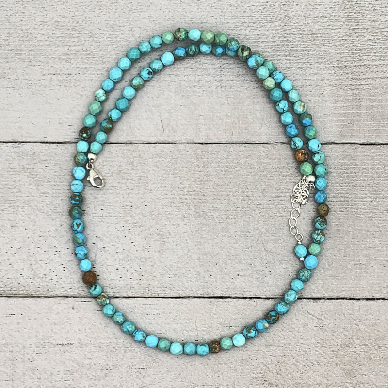 Faceted Turquoise and Sterling Silver Beaded Necklace. Small 4mm beads