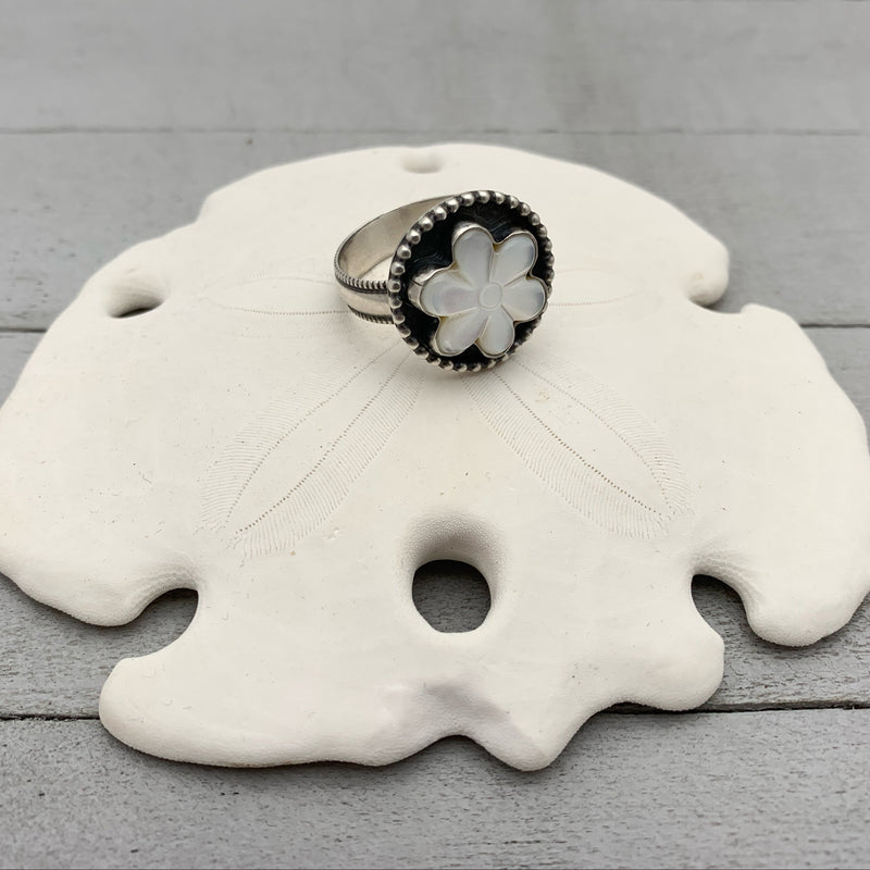 Mother of Pearl Shell Flower and Sterling Silver Ring