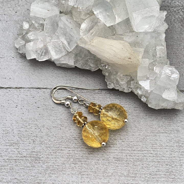 Yellow Citrine Crystal Sterling Silver Earrings. November Birthstone