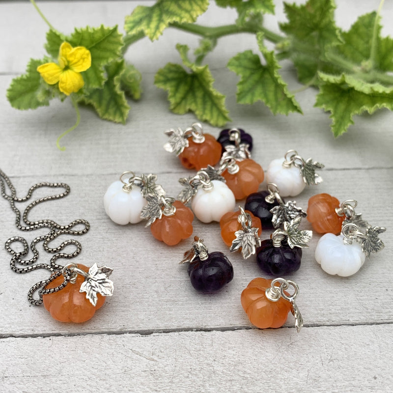 Gemstone Pumpkin Sterling Silver Earrings. Carnelian, Amethyst or White Opal