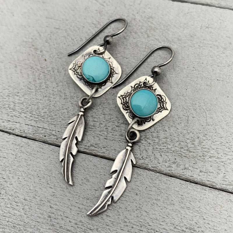 Turquoise and Silver Feather Earrings. Solid 925 Sterling Silver Long Dangle